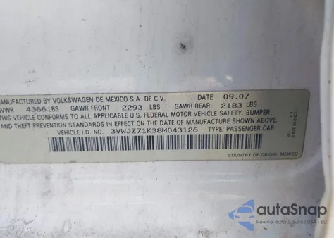 2008 Volkswagen Jetta S from USA, damaged, VIN 3VWJZ71K38M043126